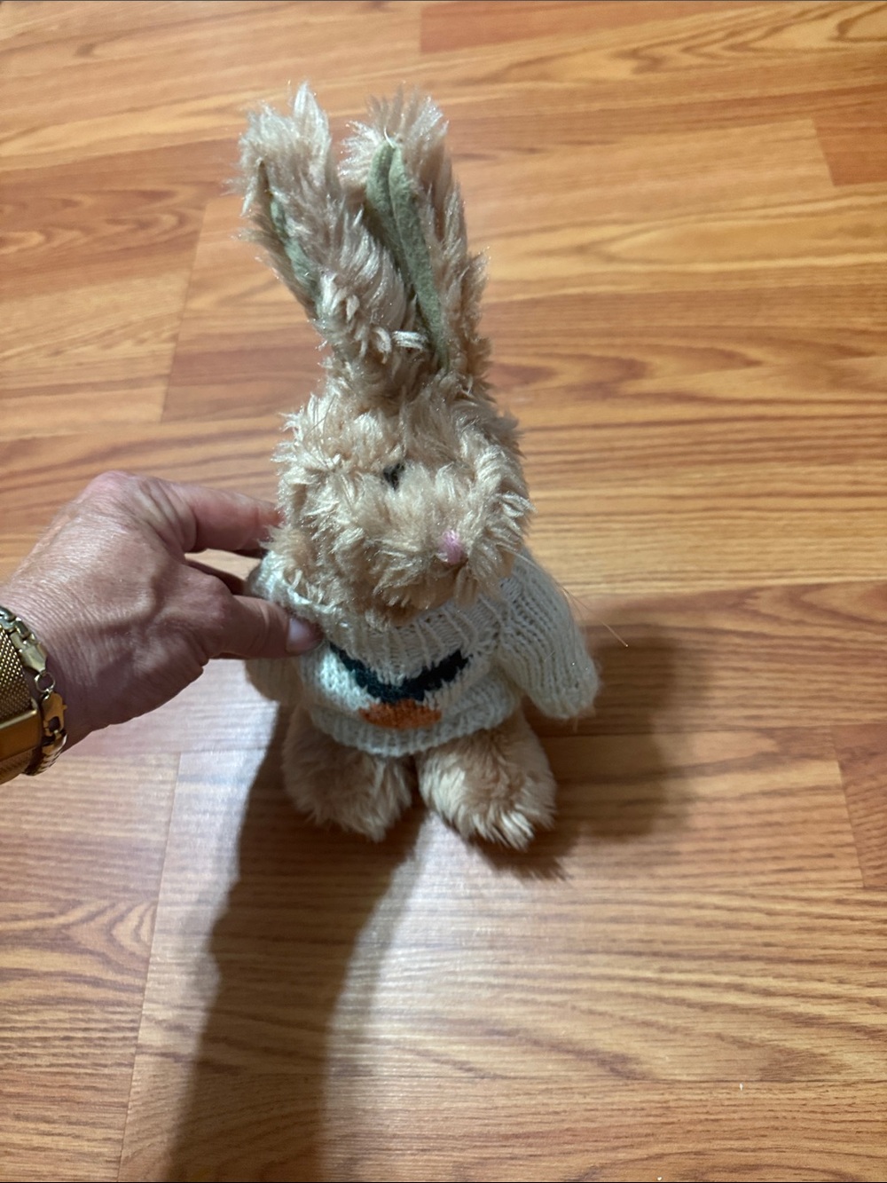 Plush Bunny Toy in Tan with Knit Sweater - Small Pets Accessory